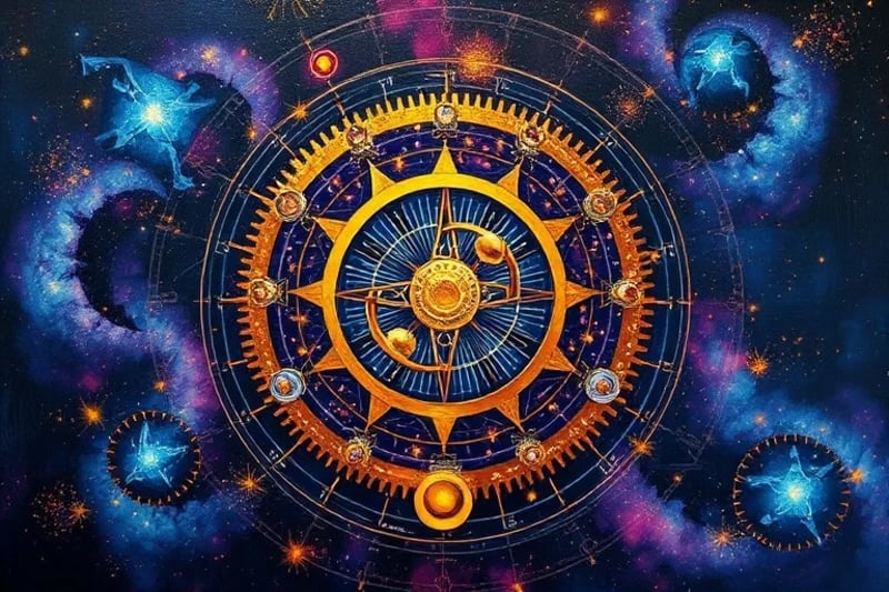 Intricate digital painting of interlocking gears and glowing celestial bodies, representing complex astrological chart interactions and the mechanics of relationships.