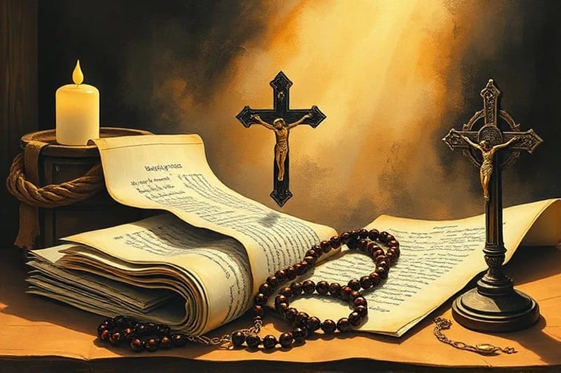 Una pila de libros antiguos y un rosario sobre una mesa de madera, con una luz suave que ilumina los objetos, simbolizando el conocimiento espiritual y la devoción.