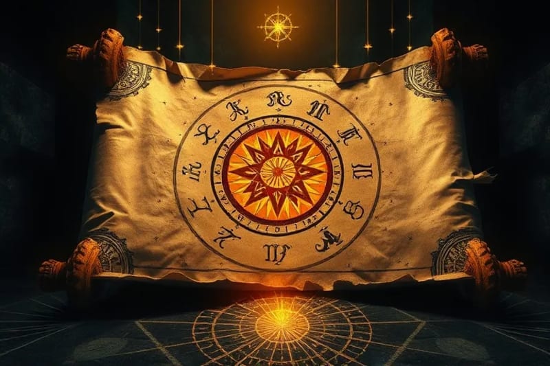 Mystical illustration of an ancient, weathered scroll unfurling to reveal glowing runic symbols and astrological glyphs, with delicate threads connecting various points.