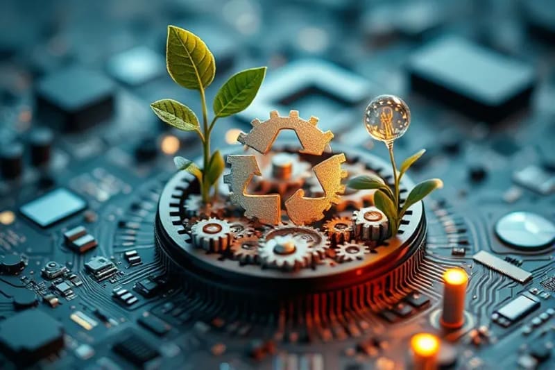 Conceptual still-life of a closed-loop system with natural materials and recycling symbol