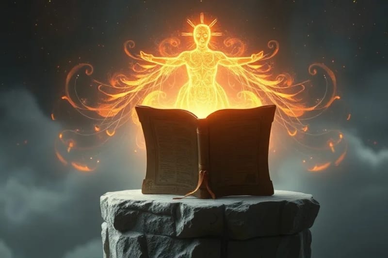 Una representación abstracta de energía y luz espiritual, con formas geométricas y fluidas que se entrelazan, simbolizando la trascendencia de lo material.