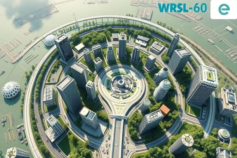 Futuristic cityscape with circular infrastructure and green spaces