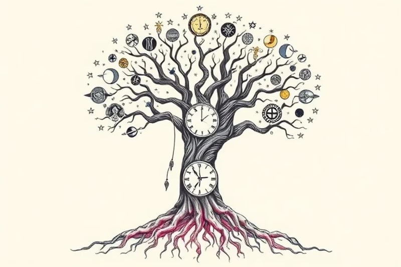 Tree of life with ancestral faces and cosmic elements