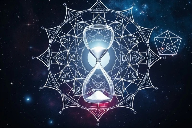 Interconnected gears and hourglass in a cosmic setting