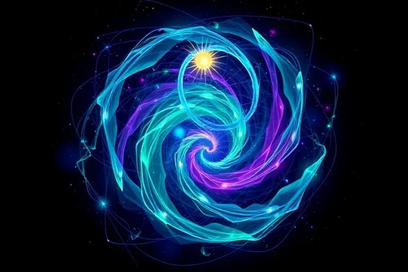 Flujos de energía luminosa entrelazándose en un patrón dinámico, simbolizando la interacción divina y la creación.