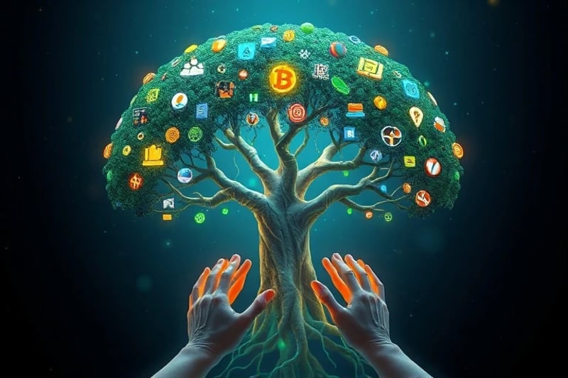 Red blockchain formando un árbol con símbolos sostenibles