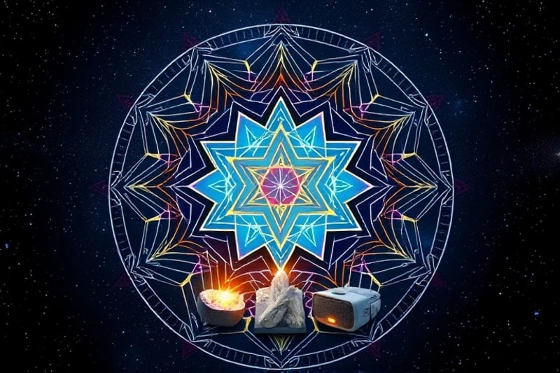 Digital tools like VR headset, smartphone, and smart speaker integrated with crystals and sage