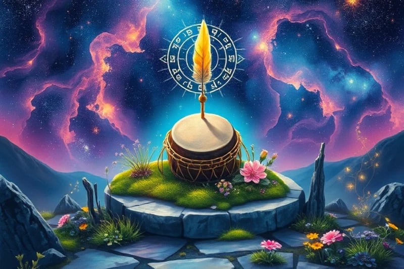Ancient shamanic drum and rattle on altar with glowing digital runes and cosmic background