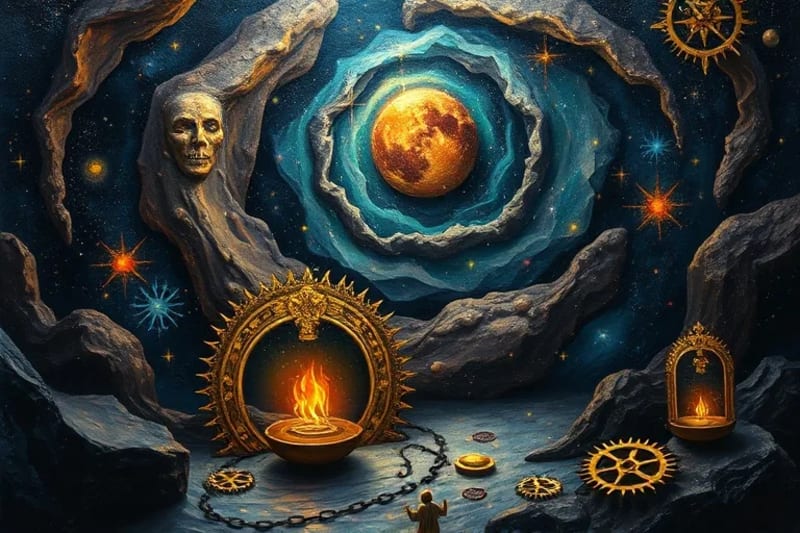 Pintura abstracta de engranajes y cosmos con figuras proféticas