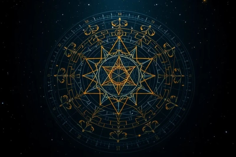 Ancient astrological chart with glowing lines and subtle archetypal figures, representing the intersection of cosmic patterns and psychological depths.