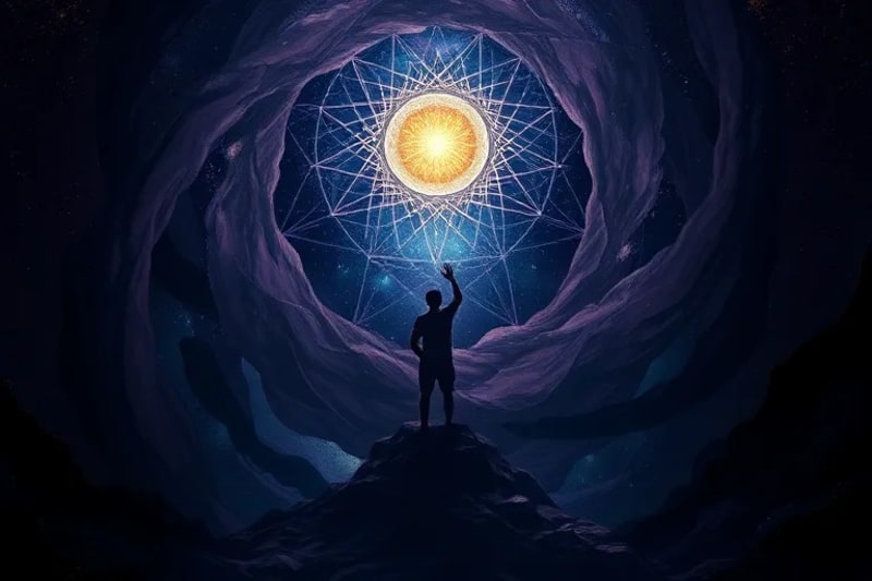 Digital painting of a lone figure facing a dark abyss, symbolizing the confrontation with the unconscious and repressed aspects of the self.