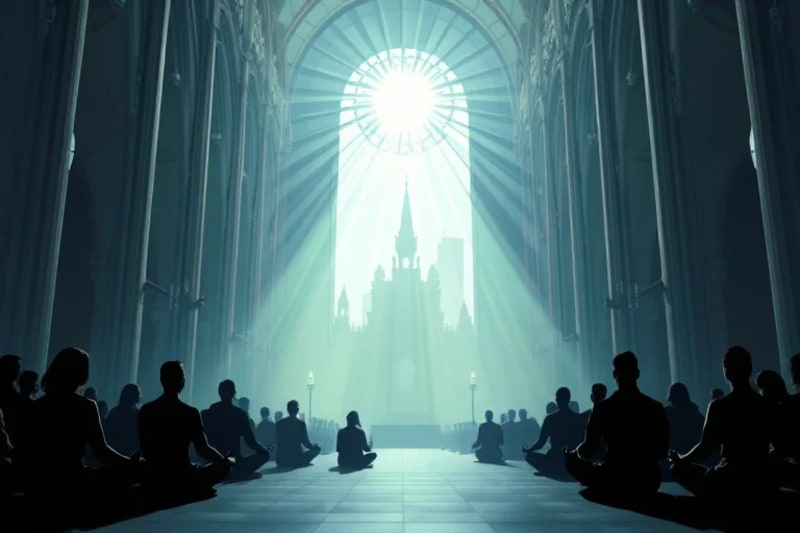 Personas meditando en espacio sagrado urbano