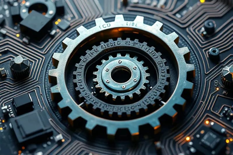Engranajes reciclados con bloques blockchain fluyendo entre ellos
