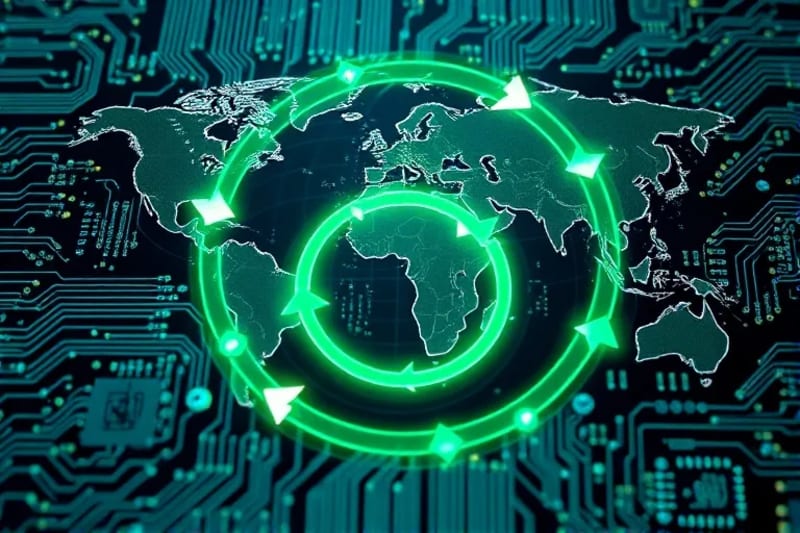 Mapa global con flechas circulares y red blockchain
