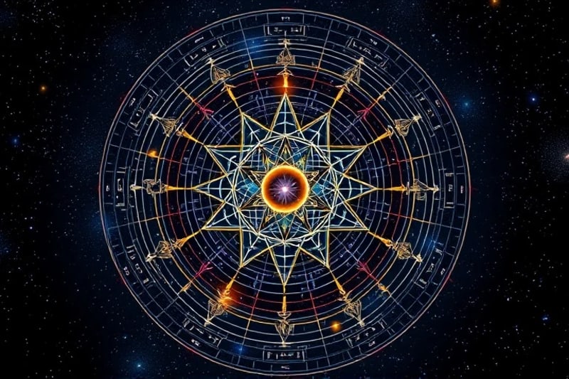 An intricate, stylized astrological chart overlaid with a holographic projection of a distant star field, showing interconnecting lines and symbols linking fixed stars to planetary positions.