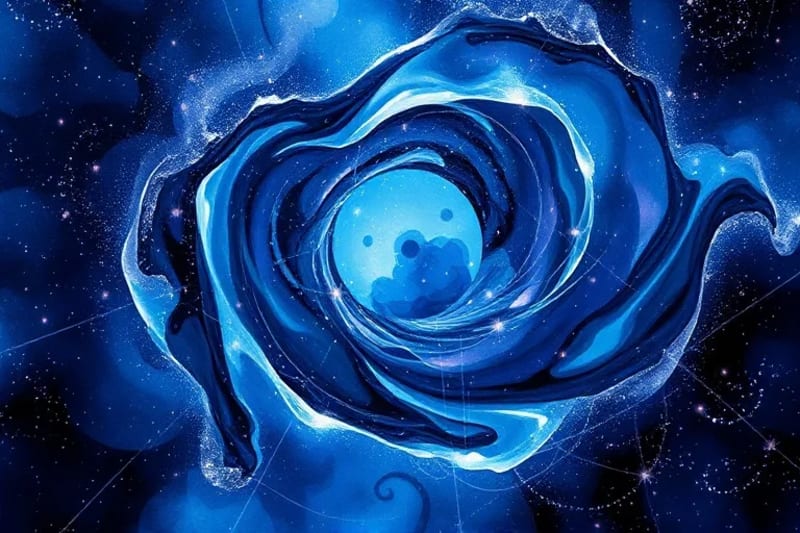A vibrant, ethereal abstract watercolor painting with swirls of deep indigo, violet, and silver, punctuated by shimmering points of light representing individual souls or fixed stars.