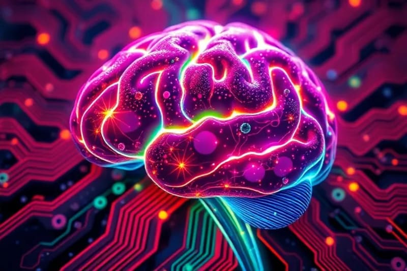 Representación digital de neurotransmisores fluyendo en un cerebro sonriente.
