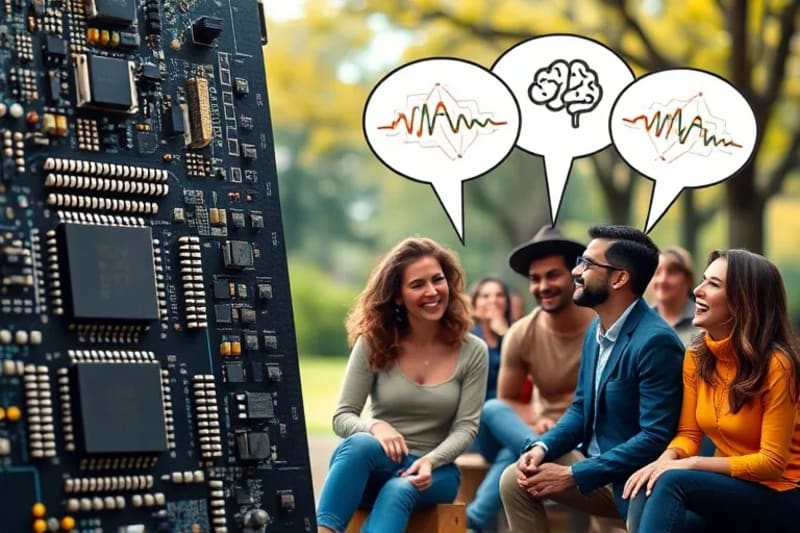 Grupo de personas riendo juntas en un parque, con diagramas cerebrales simplificados en sus pensamientos.