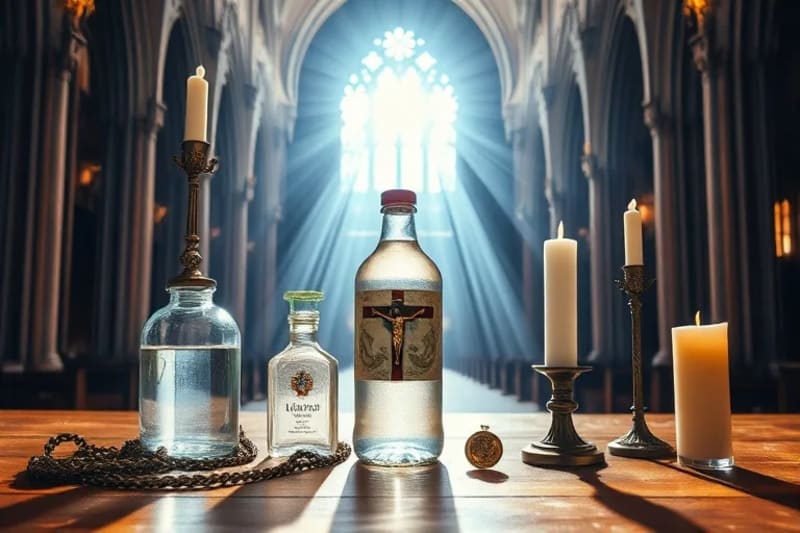 Variedad de objetos sacramentales como agua bendita, crucifijo y medallas