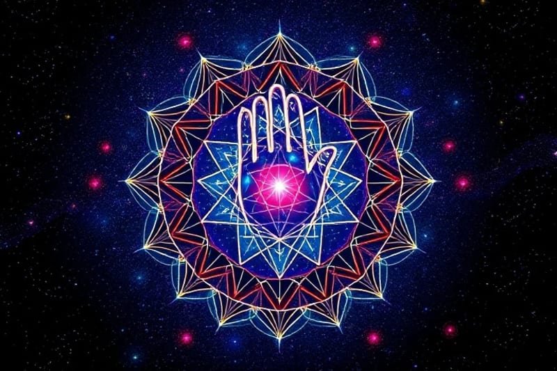 Stylized abstract representation of human physiology and cosmic patterns with data streams, symbolizing intuition and self-discovery.