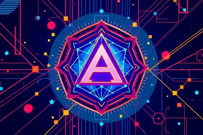 Representación estilizada de un libro de contabilidad blockchain entrelazado con una pieza de arte digital y un símbolo de patente.