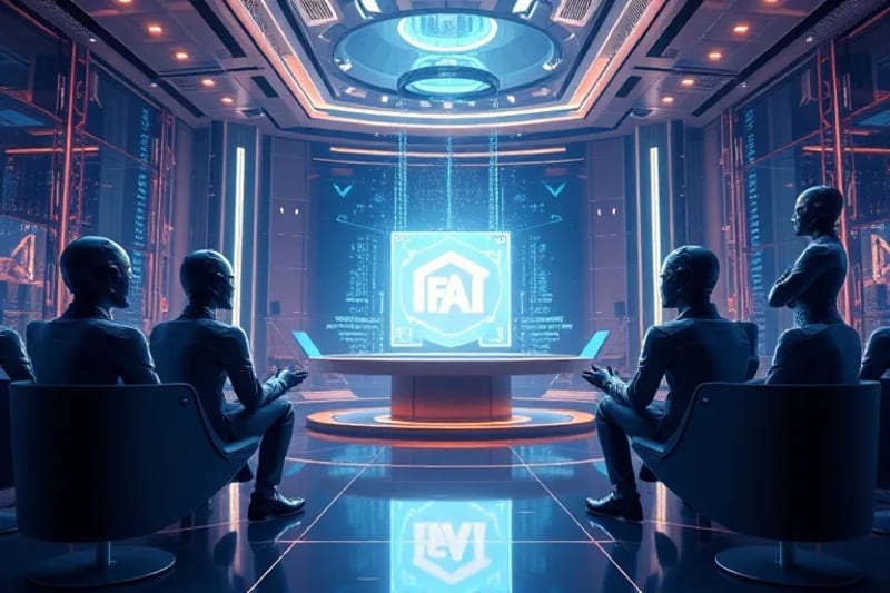 Escena de sala de tribunal futurista en el metaverso con avatares debatiendo sobre un objeto etéreo que representa un activo virtual.