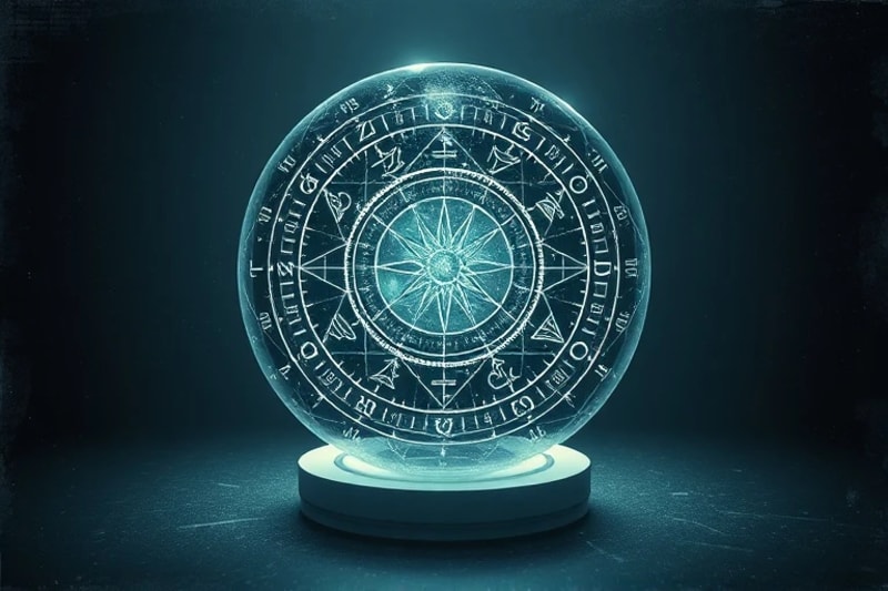 Conceptual 3D render of a futuristic crystal ball displaying holographic projections of astrological charts and predictive algorithms, with subtle digital glitches.