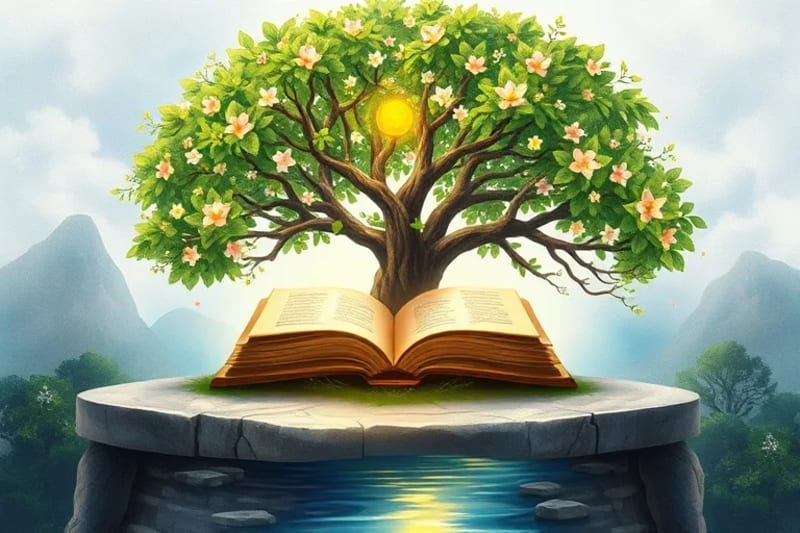 Árbol genealógico vibrante con flores y un río tranquilo, simbolizando paz y armonía intergeneracional.