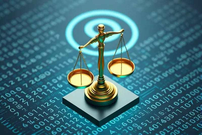 A minimalist vector illustration depicting scales of justice precariously balanced on binary code, with a digital paintbrush and a copyright symbol, symbolizing the legal challenges in AI art.
