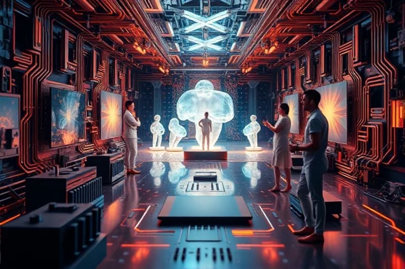 A futuristic art gallery with holographic, evolving sculptures. Ethereal human figures interact with the digital creations, symbolizing the complex coexistence of human and AI artistry.