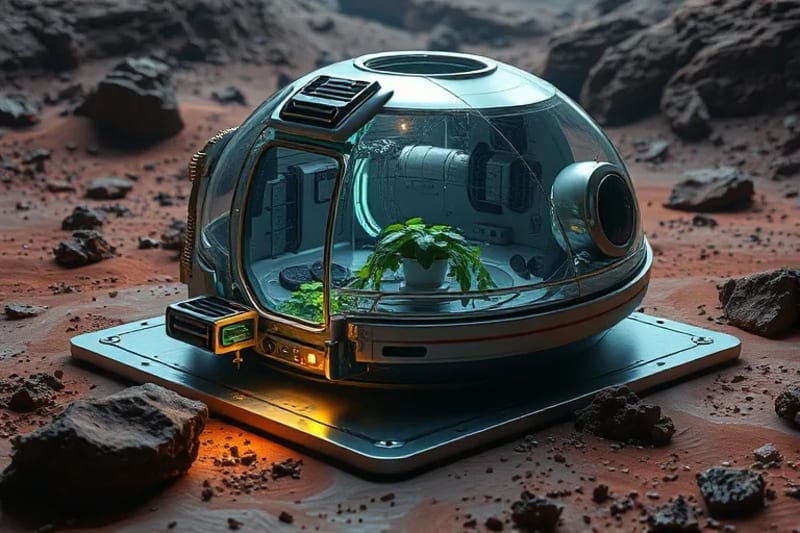 Bodegón conceptual de herramientas y módulos de una base espacial, incluyendo un módulo de hábitat, un escudo de radiación y un sistema de cultivo hidropónico, representando la infraestructura necesaria para la vida interplanetaria.