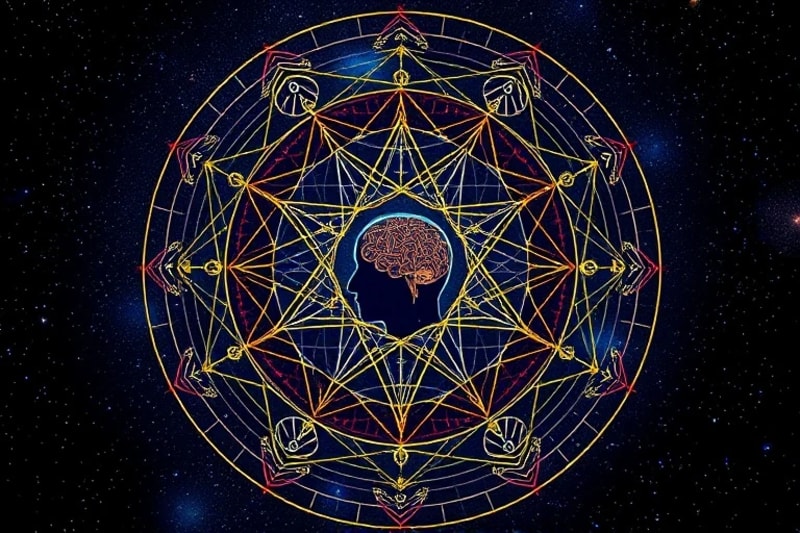Stylized infographic showing geometric shapes, numbers, and abstract brainwave patterns, symbolizing the connection between numerology and subconscious thought.