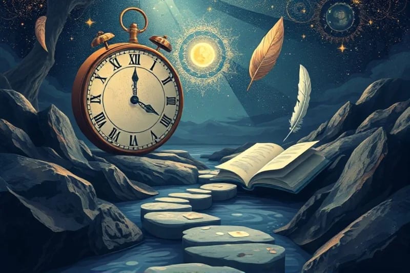 Abstract oil painting of a surreal dreamscape with a winding path and oversized symbolic objects like a clock and a book, representing life's journey and dream messages.