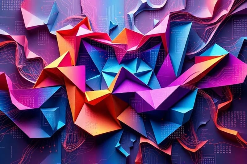 Corrientes de datos y luz en colores vibrantes, representando emociones y percepciones.