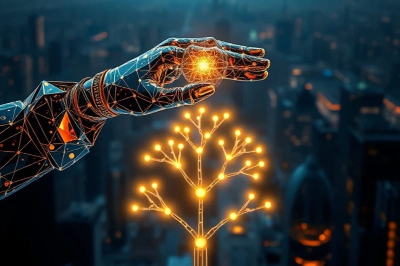 Manos de luz y roboticas sopesando decisiones éticas sobre una balanza digital.