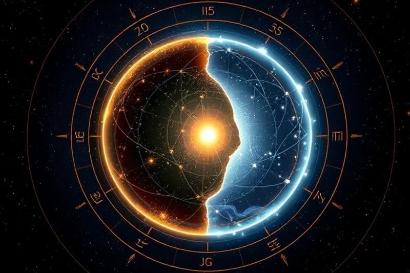Esferas celestiales entrelazadas, una oscura con símbolos antiguos y otra brillante hacia un nuevo amanecer, con glifos astrológicos, representando los Nodos Lunares.