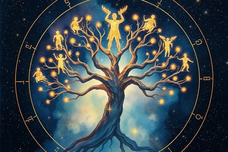 Estructura de árbol abstracta en acuarela, emergiendo de patrones ancestrales, con siluetas humanas interconectadas en sus ramas, simbolizando lecciones kármicas heredadas.