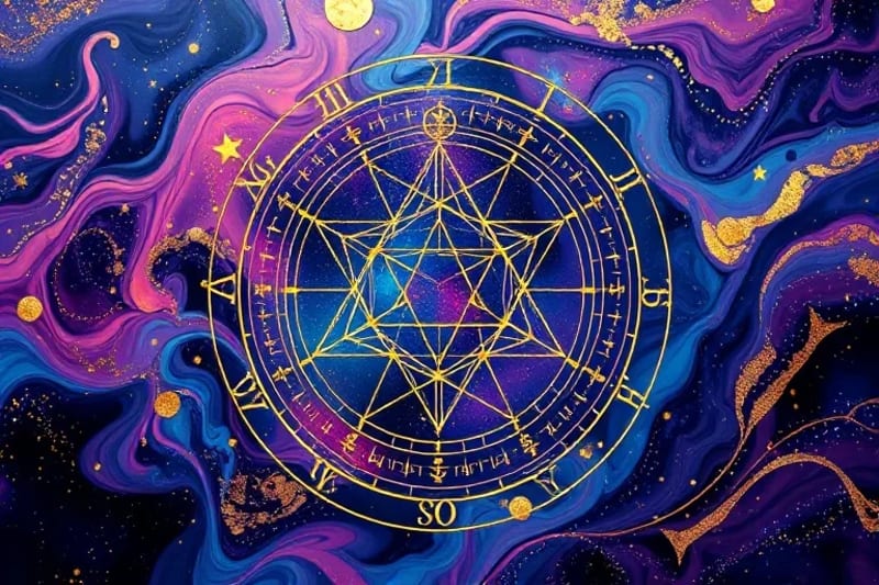 3D render of a holographic astrological natal chart with a pulsing geometric Chiron symbol