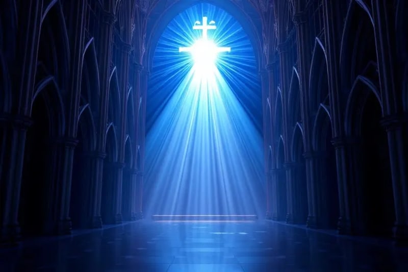Manos rezando frente a una sábana antigua con una imagen tenue, luz mística