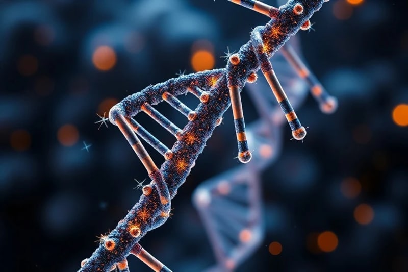 Modelos moleculares de ADN y hormonas, con fondo de actividad celular, simbolizando biohacking a nivel molecular.
