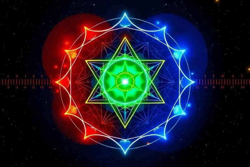 Digital painting of two light orbs orbiting a central green orb, symbolizing the time-space midpoint of a Davison chart.