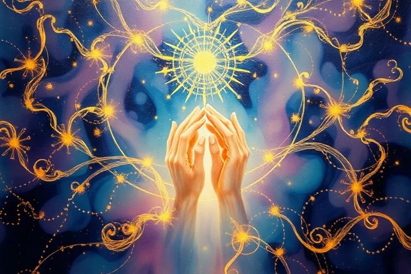Intricate tapestry of light threads, with translucent hands touching, symbolizing soul contracts and karmic connections.
