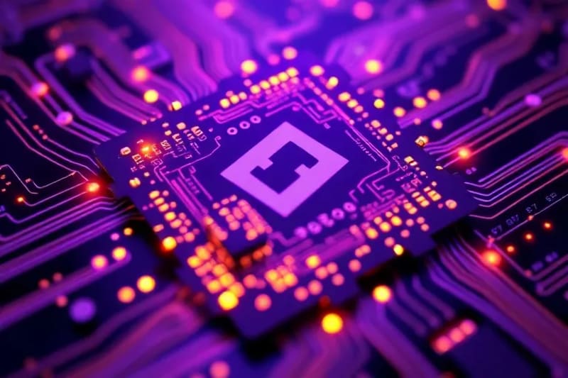 Primer plano de un microchip con circuitos cuánticos luminosos