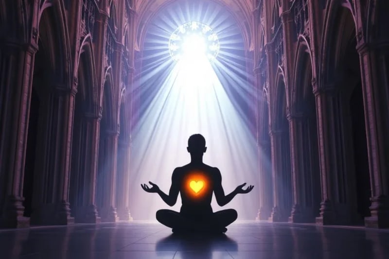 Silueta meditando con patrones cuánticos y neuronales