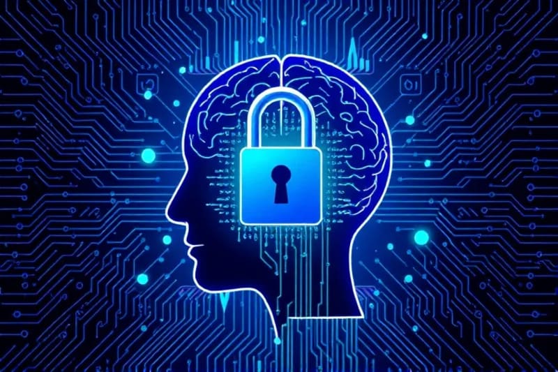 Ilustración vectorial de una cabeza humana con un candado sobre el cerebro, rodeada de patrones digitales y escudos de seguridad, bloqueando el flujo de datos.