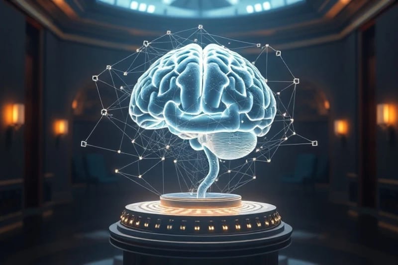 Renderizado 3D de un marco legal abstracto o una 'declaración de derechos' digital envolviendo sutilmente un modelo translúcido de cerebro humano, con iluminación autoritaria.