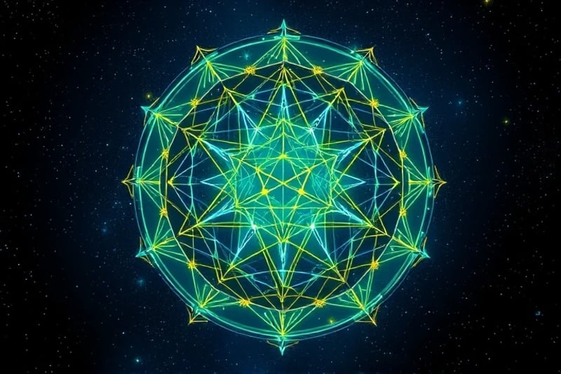 Stylized depiction of human interconnectedness across a global digital network, with abstract figures linked by glowing data lines and subtle astrological symbols in the background. The color palette is vibrant, with electric blues, greens, and soft yellows.