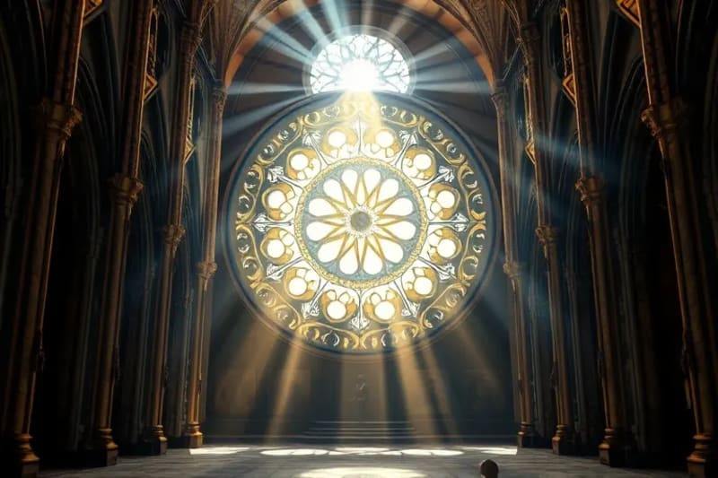 Diagrama detallado de un rosetón gótico mostrando círculos, cuadrados y la vesica piscis como principios geométricos fundamentales.