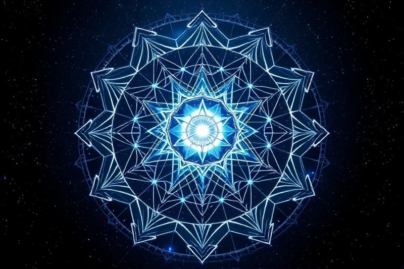 Abstract 3D render of geometric shapes and crystalline structures, with data streams flowing between them, converging into a central pulsating orb, symbolizing synthesized cosmic and digital information. The aesthetic is clean, futuristic, and highly detailed, with reflective surfaces and deep shadows.