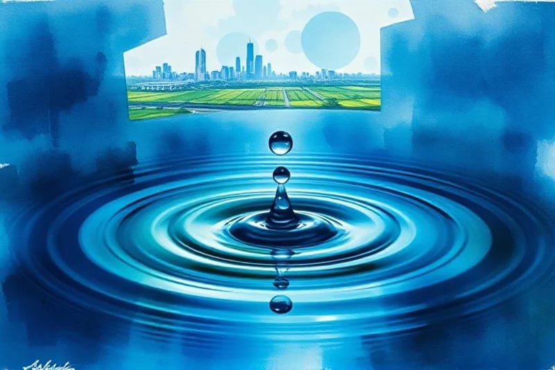 Oil painting of a single water droplet creating ripples, reflecting a cityscape and agricultural fields